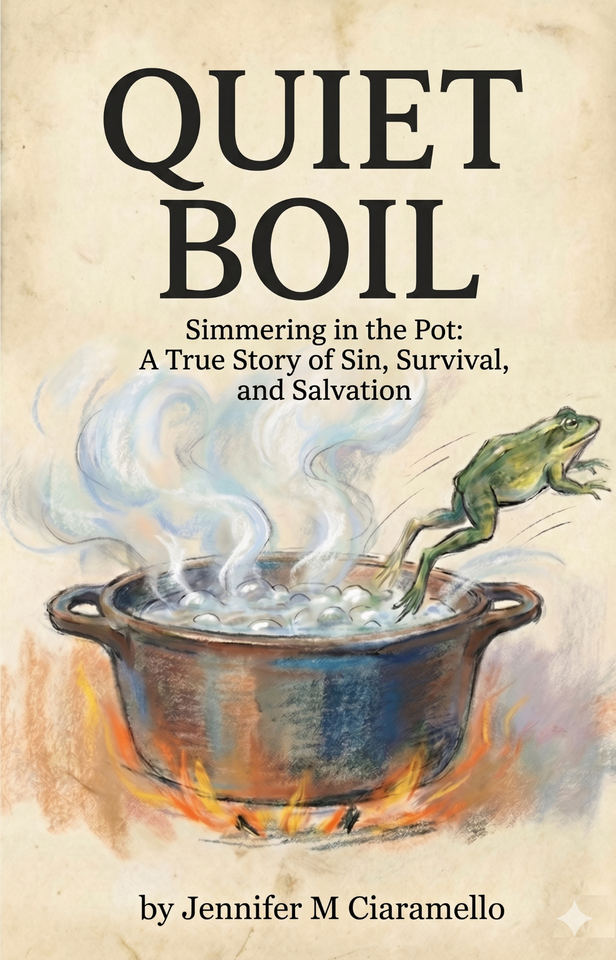 Quiet Boil book front cover — illustrated pot on fire with a frog leaping out
